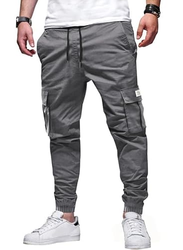 Elegancity Graue Jogginghose Herren Cargohose Einfarbig Hose Männer Causal Sporthose Elastische Freizeithose mit 6 Tasche L von Elegancity