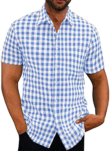 Elegancity Hell Blaues Hemd Herren Kariertes Sommerhemd Kurzarm Freizeithemd Regular Fit für Männer 100% Baumwolle S von Elegancity