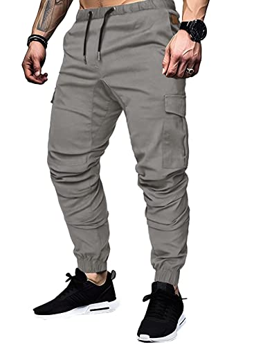 Elegancity Hell Graue Cargohose Herren Chino Hose mit 6 Taschen Cargo Hose Stretch Jogginghose für Männer mit Bundgummi Elastische Hosen L von Elegancity