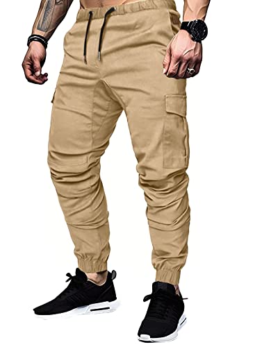 Elegancity Hell Khaki Cargohose Herren Chino Hose mit 6 Taschen Cargo Hose Stretch Jogginghose für Männer mit Bundgummi Elastische Hosen L von Elegancity