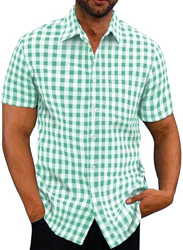 Elegancity Hemd Herren Kariertes Sommerhemd Kurzarm Freizeithemd Regular Fit für Männer 100% Baumwolle Grün, XL von Elegancity