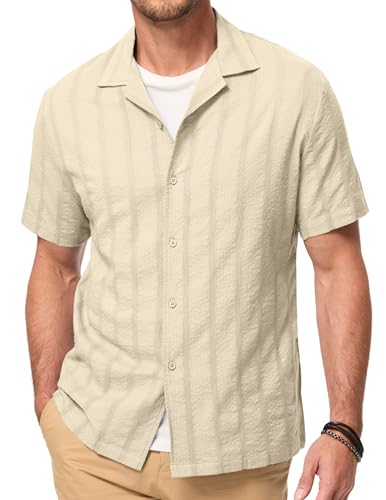 Elegancity Hemd Herren Kurzarm Sommer Freizeithemden Resort Kragen Button Down Jacquard Gestreiftes Shirt Casual Regular Fit Beige 3XL von Elegancity