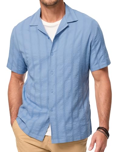 Elegancity Hemd Herren Kurzarm Sommer Freizeithemden Resort Kragen Button Down Jacquard Gestreiftes Shirt Casual Regular Fit Himmelblau 3XL von Elegancity