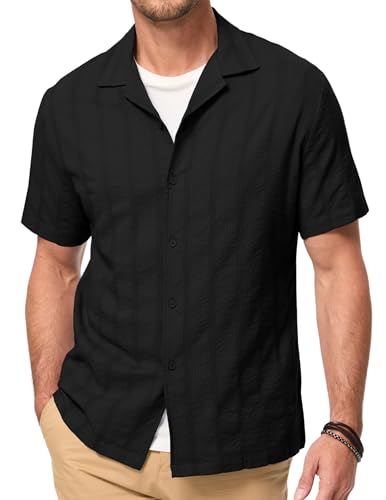 Elegancity Hemd Herren Kurzarm Sommer Freizeithemden Resort Kragen Button Down Jacquard Gestreiftes Shirt Casual Regular Fit Schwarz M von Elegancity