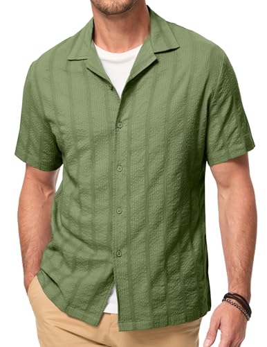 Elegancity Hemd Herren Kurzarm Sommer Freizeithemden Resort Kragen Button Down Jacquard Gestreiftes Shirt Casual Regular Fit Seegras XXL von Elegancity