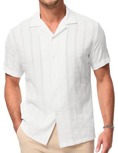 Elegancity Hemd Herren Kurzarm Sommer Freizeithemden Resort Kragen Button Down Jacquard Gestreiftes Shirt Casual Regular Fit Weiß XL von Elegancity