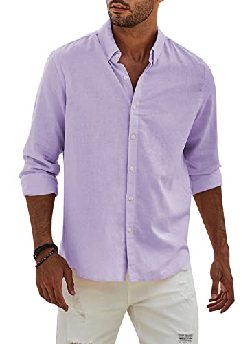 Elegancity Hemd Herren Leinenhemd Langarm Freizeithemd Leinen Shirts Casual Langarmhemd Baumwolle Western Hemden Sommer Herbst BluseLilaL von Elegancity