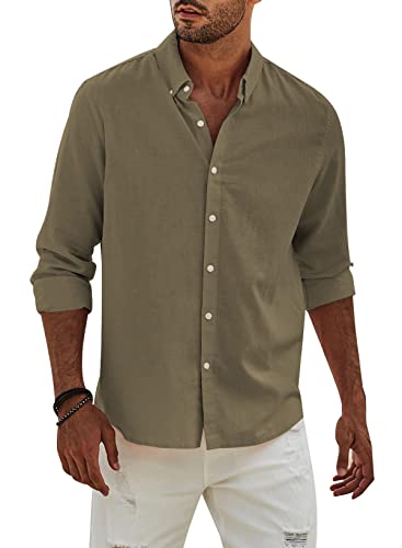 Elegancity Hemd Herren Leinenhemd Langarm Freizeithemd Leinen Shirts Casual Langarmhemd Baumwolle Western Hemden Sommer Herbst BuissnesGrünM von Elegancity