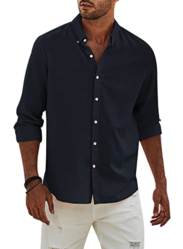 Elegancity Hemd Herren Leinenhemd Langarm Freizeithemd Leinen Shirts Casual Langarmhemd Baumwolle Western Hemden Sommer Herbst Frühling Blau XL von Elegancity
