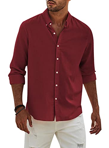 Elegancity Hemd Herren Leinenhemd Langarm Freizeithemd Leinen Shirts Casual Langarmhemd Baumwolle Western Hemden Sommer Herbst Frühling Rot 2XL von Elegancity