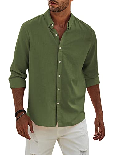 Elegancity Hemd Herren Leinenhemd Langarm Freizeithemd Leinen Shirts Casual Langarmhemd Baumwolle Western Hemden Sommer Herbst OberteileGrünS von Elegancity