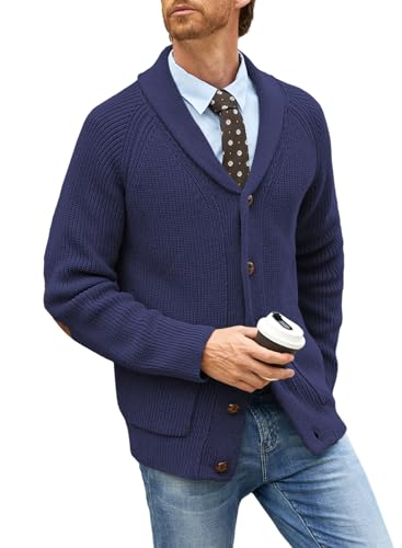 Elegancity Herren Cardigan Blau Retro Schalkragen Strickjacken Grobstrick Strickcardigan Trachten Jacke Regular Fit Fleecejacke L von Elegancity