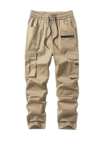 Elegancity Herren Cargo Hose Lang Einfarbig Freizeithose Loose Fit Casual Chino Hose Männer Cargohosen Jogginghose Outdoorhose Aprikose, L von Elegancity