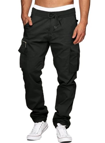 Elegancity Cargohose Herren Baumwolle Outdoorhose Lange Baggy Hose Casual Freizeithose Pants mit Drawstring Regular Schwarz L von Elegancity
