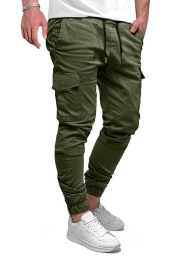 Elegancity Cargohose Herren Lang Casual Jogginghose Stretch Chino Hose Regular Fit Cargo Hose Elastische Mit 6 Tasche Grün, L von Elegancity