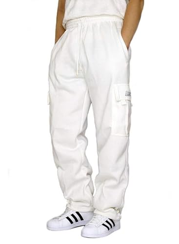 Elegancity Herren Cargohose Weiß Lang Baumwolle Jogginghose Casual Loose Fit Sweatpants Mit Tasche Männer Sweathosen L von Elegancity