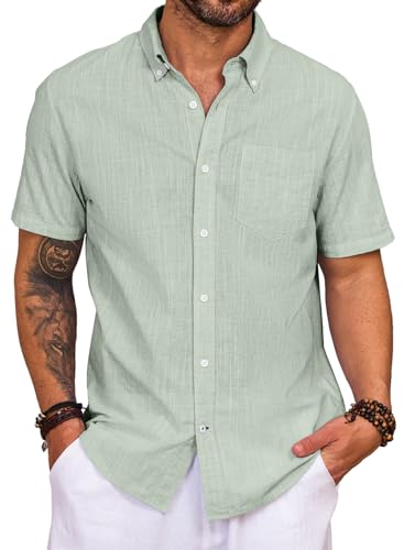 Elegancity Leinenhemd Herren Kurzarm Hemd Button Down Regular Fit Freizeithemden Sommer Strand Leinen Shirt Casual Businesshemd mit Taschen Mintgrün, XL von Elegancity