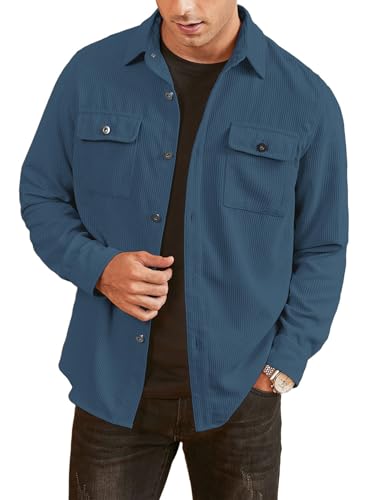 Elegancity Herren Hemd Cord Langarm Freizeithemd Männer Jacke Regular Fit Button Up Hemdjacke Mit Klappentasche Cyanblau, S von Elegancity