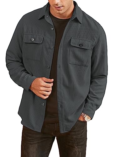 Elegancity Herren Hemd Cord Langarm Freizeithemd Männer Jacke Regular Fit Button Up Hemdjacke Mit Klappentasche Grau, L von Elegancity