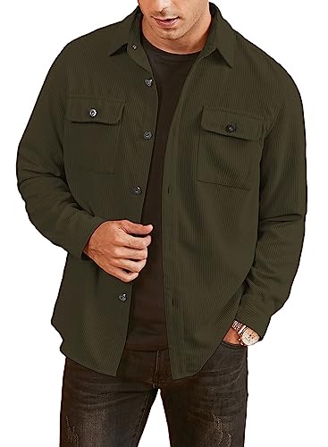 Elegancity Herren Hemd Cord Langarm Freizeithemd Männer Jacke Regular Fit Button Up Hemdjacke Mit Klappentasche Grün, XL von Elegancity