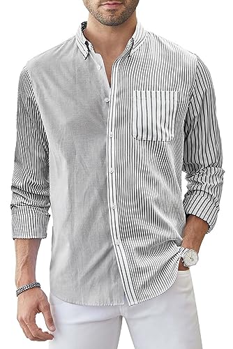 Elegancity Herren Hemd Langarm Gestreiftes Hemd Freizeithemd Button Down Business Shirt Regular Fit Sommer Hemd Mit Tasche Grau，XXL von Elegancity