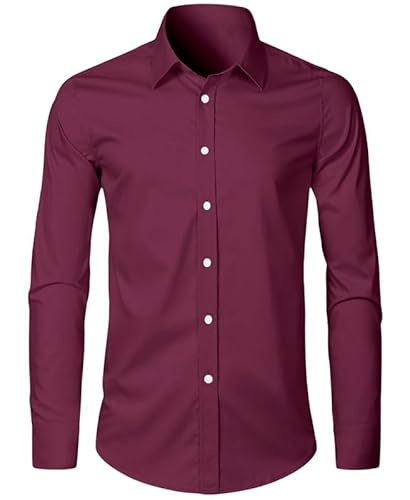 Elegancity Herren Hemd Weinrot Langarm Einfarbig Businesshemd Regular Fit Freizeithemd Elastisches Business Shirt L von Elegancity