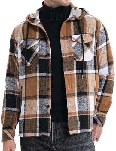 Elegancity Herren Jacke Kariertes Hemdjacke Langarm Hoodie Shirts Kapuzenpullover Freizeitjacke Sweatjacke Sportjacke Blousonjacke Winter Jacket Braun 3XL von Elegancity
