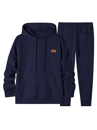 Elegancity Herren Jogginganzug Set Casual 2-Teiliger Trainingsanzug mit Kapuzenpullover und Joggerhose Casual Sportanzug Pullover Hoodie Laufanzug mit Strukturmuster，Blau L von Elegancity