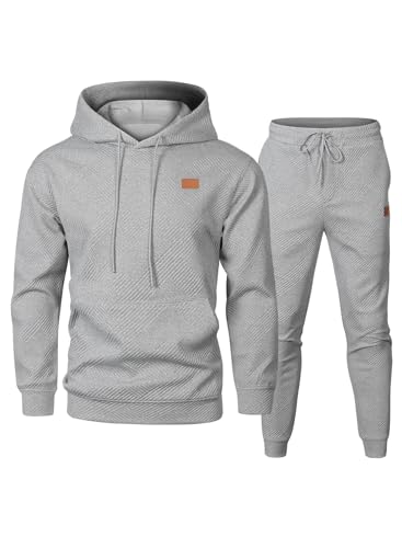 Elegancity Herren Jogginganzug Set Casual 2-Teiliger Trainingsanzug mit Kapuzenpullover und Joggerhose Casual Sportanzug Pullover Hoodie Laufanzug mit Strukturmuster，Grau 3XL von Elegancity