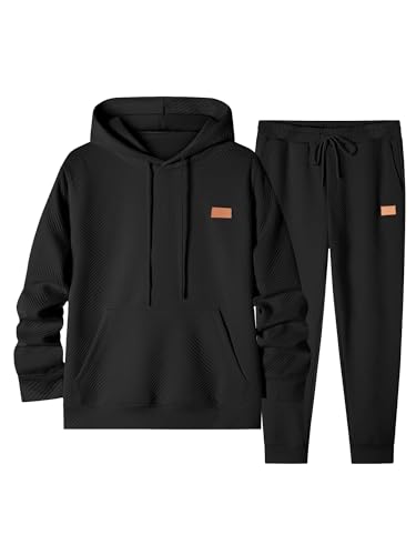Elegancity Herren Jogginganzug Set Casual 2-Teiliger Trainingsanzug mit Kapuzenpullover und Joggerhose Casual Sportanzug Pullover Hoodie Laufanzug mit Strukturmuster，Schwarz 3XL von Elegancity