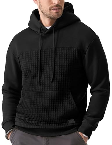 Elegancity Herren Kapuzenpullover Schwarz Langarm Waffle Hoodie Pullover Casual Sweatshirt Warm Hoody Mit Taschen 3XL von Elegancity