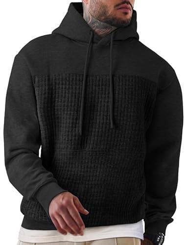 Elegancity Herren Kapuzenpullover Schwarz Langarm Waffle Hoodie Pullover Casual Sweatshirt Warm Hoody Mit Taschen L von Elegancity