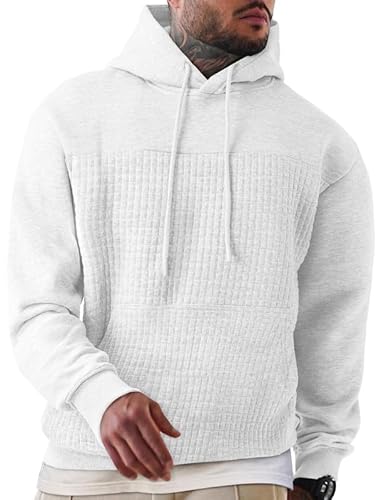 Elegancity Herren Kapuzenpullover Weiß Langarm Waffle Hoodie Pullover Casual Sweatshirt Warm Hoody Mit Taschen XXL von Elegancity
