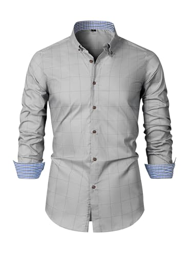 Elegancity Herren Kariertes Hemd Langarm Freizeithemden Casual Button Down Businesshemden Regular Fit Trachtenhemd Gingham Bügelleichtes Stretch Grau, L von Elegancity