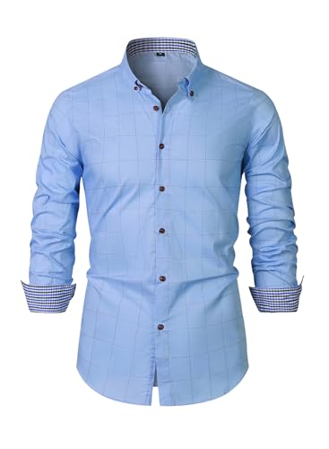 Elegancity Herren Kariertes Hemd Langarm Freizeithemden Casual Button Down Businesshemden Regular Fit Trachtenhemd Gingham Bügelleichtes Stretch Hellblau, L von Elegancity