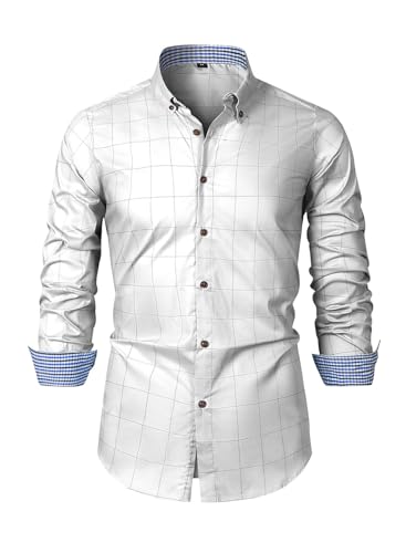 Elegancity Herren Kariertes Hemd Langarm Freizeithemden Casual Button Down Businesshemden Regular Fit Trachtenhemd Gingham Bügelleichtes Stretch Weiß, XXL von Elegancity