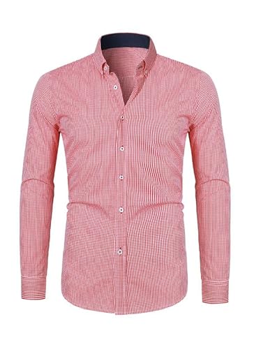 Elegancity Herren Karierteshemd Rot Langarm Passform Businesshemd Regular Fit Freizeithemd Elastische Langarmhemden XL von Elegancity