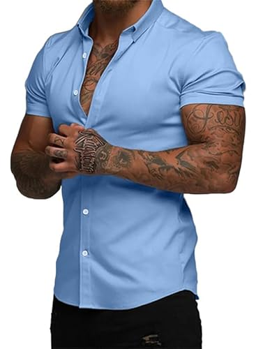 Elegancity Herren Kurzarmhemd Blau Atmungsaktiv Freizeithemd Elastische Businesshemd Bügelfrei Hawaiihemd Faltenfreie Strandhemd Sommer 3XL von Elegancity