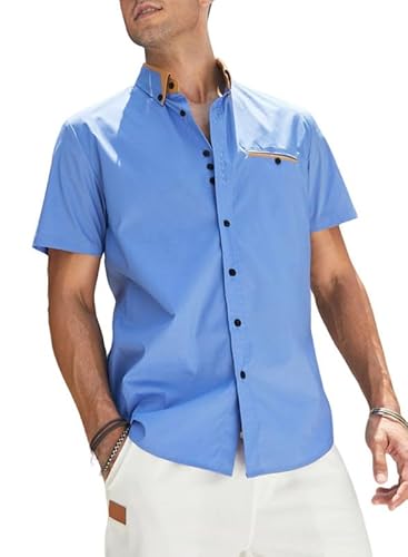 Elegancity Herren Kurzarmhemd Einfarbig Freizeithemd Regular Fit Businesshemd Elastisches Sommerhemd Mit Tasche Hellblau，L von Elegancity