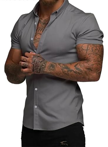 Elegancity Herren Kurzarmhemd Grau Atmungsaktiv Freizeithemd Elastische Businesshemd Bügelfrei Hawaiihemd Faltenfreie Strandhemd Sommer 3XL von Elegancity