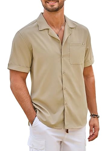 Elegancity Herren Kurzarmhemd Khaki Leinenhemd Hawaii Hemd Männer Einfarbig Strand Shirt Sommerhemd für Urlaub Atmungsaktiv Freizeithemd M von Elegancity