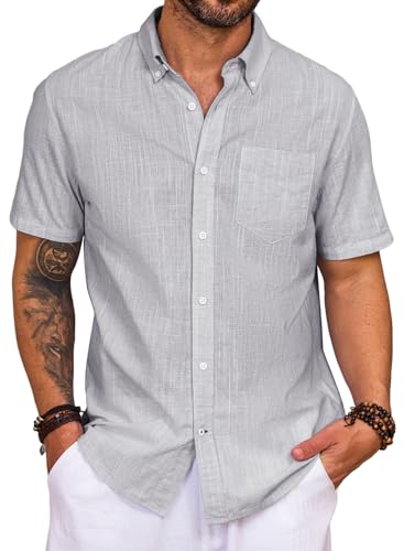 Elegancity Leinenhemd Herren Kurzarm Hemd Button Down Regular Fit Freizeithemden Sommer Strand Leinen Shirt Casual Businesshemd mit Taschen Grau, S von Elegancity