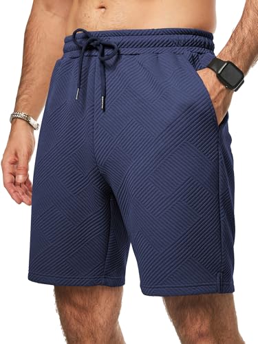 Elegancity Herren Kurze Hose Blau Drawstring Elastische Taille Textur Sommer Shorts Stretch Mit 3 Taschen XL von Elegancity
