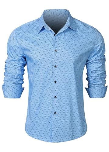 Elegancity Herren Langarmhemd Hellblau Muster Business Hemd Elastisches Freizeithemd Regular Fit Business Shirt Bügelbar XL von Elegancity