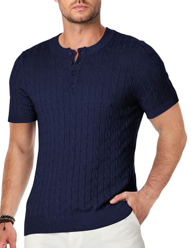 Elegancity Herren T-Shirt Strick Henley Shirt Kurzarm Basic Sommer Button Tshirts für Herren Slim Fit Muscle Leichte Pullover,Blau XXL von Elegancity
