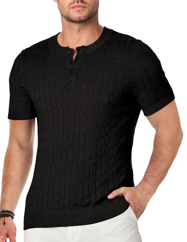 Elegancity T-Shirts Herren Henley Shirt Kurzarm Strick T-Shirt Sommer Basic Herren Button Muscle Pullover mit Zopfmuster,Schwarz XL von Elegancity