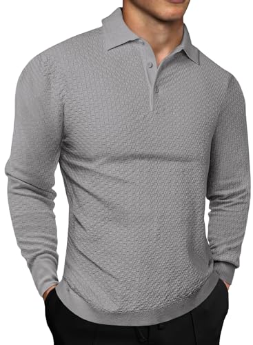 Elegancity Herren Poloshirts Langarm Polo Shirts Gestrickt T-Shirt Einfarbig Tops Casual Golf Sports Langarmshirts Herbst Frühling Grau 3XL von Elegancity