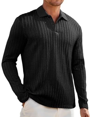 Elegancity Herren Poloshirts Schwarz Langarm Einfarbig Polokragen Pullover Strick Freizeit Golfshirts Regular Fit Urlaub Polohemd 3XL von Elegancity