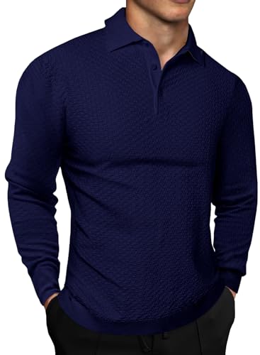 Elegancity Herren Poloshirts Langarm Polo Shirts Gestrickt T-Shirt Einfarbig Tops Casual Golf Sports Langarmshirts Herbst Frühling Blau 3XL von Elegancity