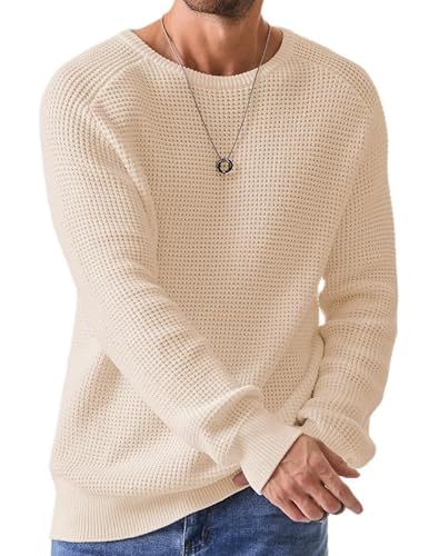 Elegancity Herren Rundrals Pullover Aprikose Einfarbig Strickpullover Loose Fit Grobstrick Pulli Warm Sweater Langarmshirt L von Elegancity